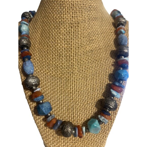 Handcrafted Chunky Beaded Necklace Natural Stones Ceramic Beads Silver Tone 28" - Picture 1 of 5